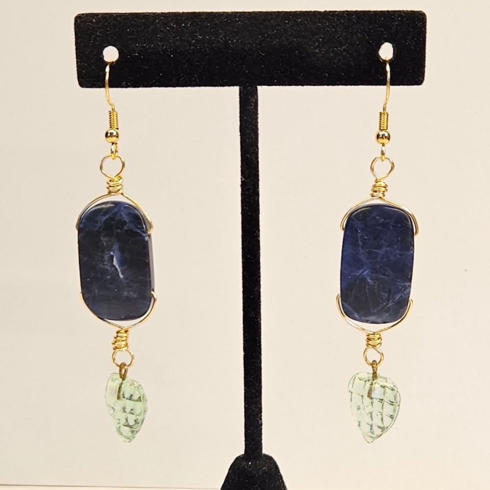 Sodalite And Press Glass Leaf Beaded Dangle Earrings